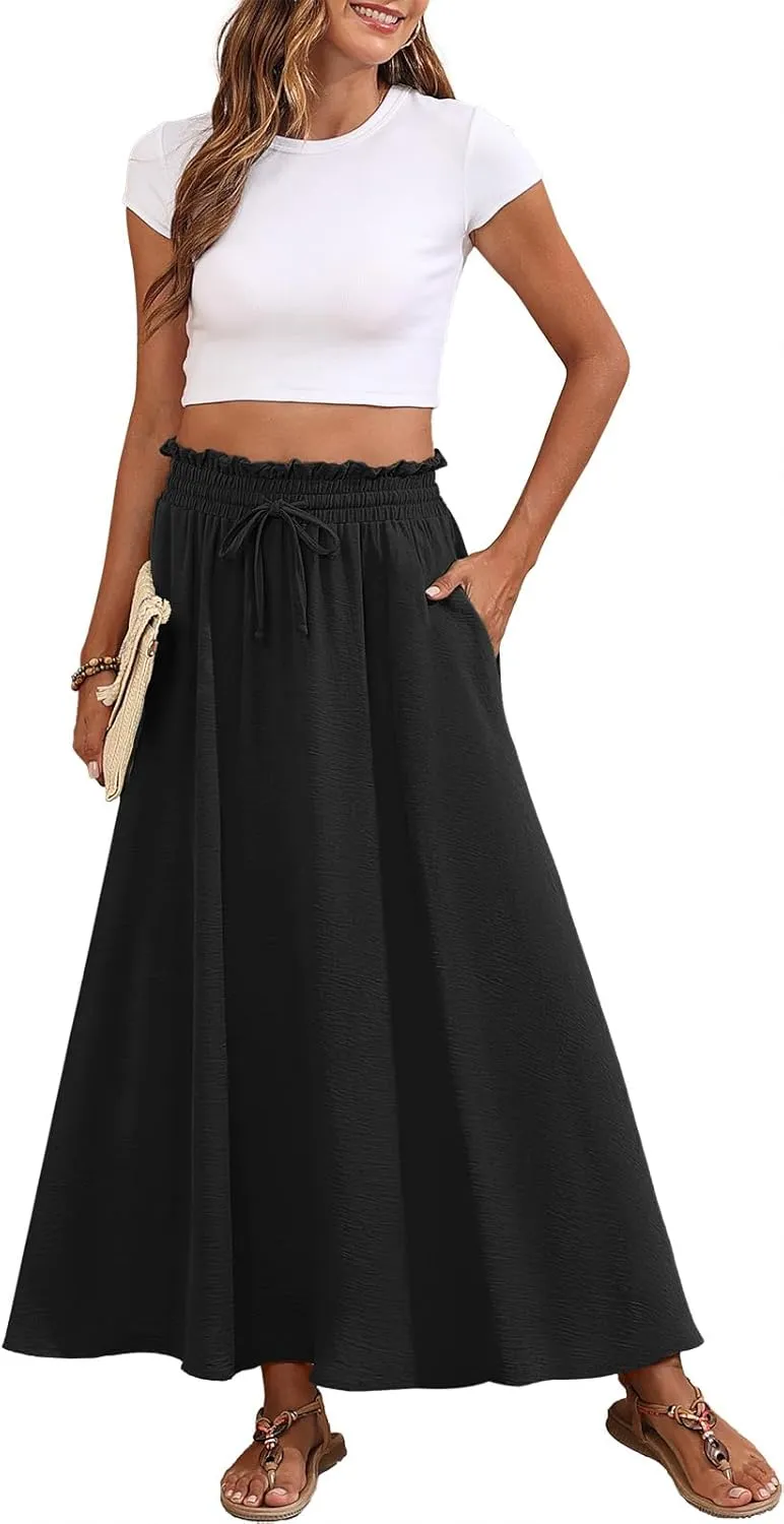 Askyes Womens Maxi Skirt Summer Tie Knot Elastic High Waisted Boho Casual Beach Flowy Swing Long Skirts with Pockets