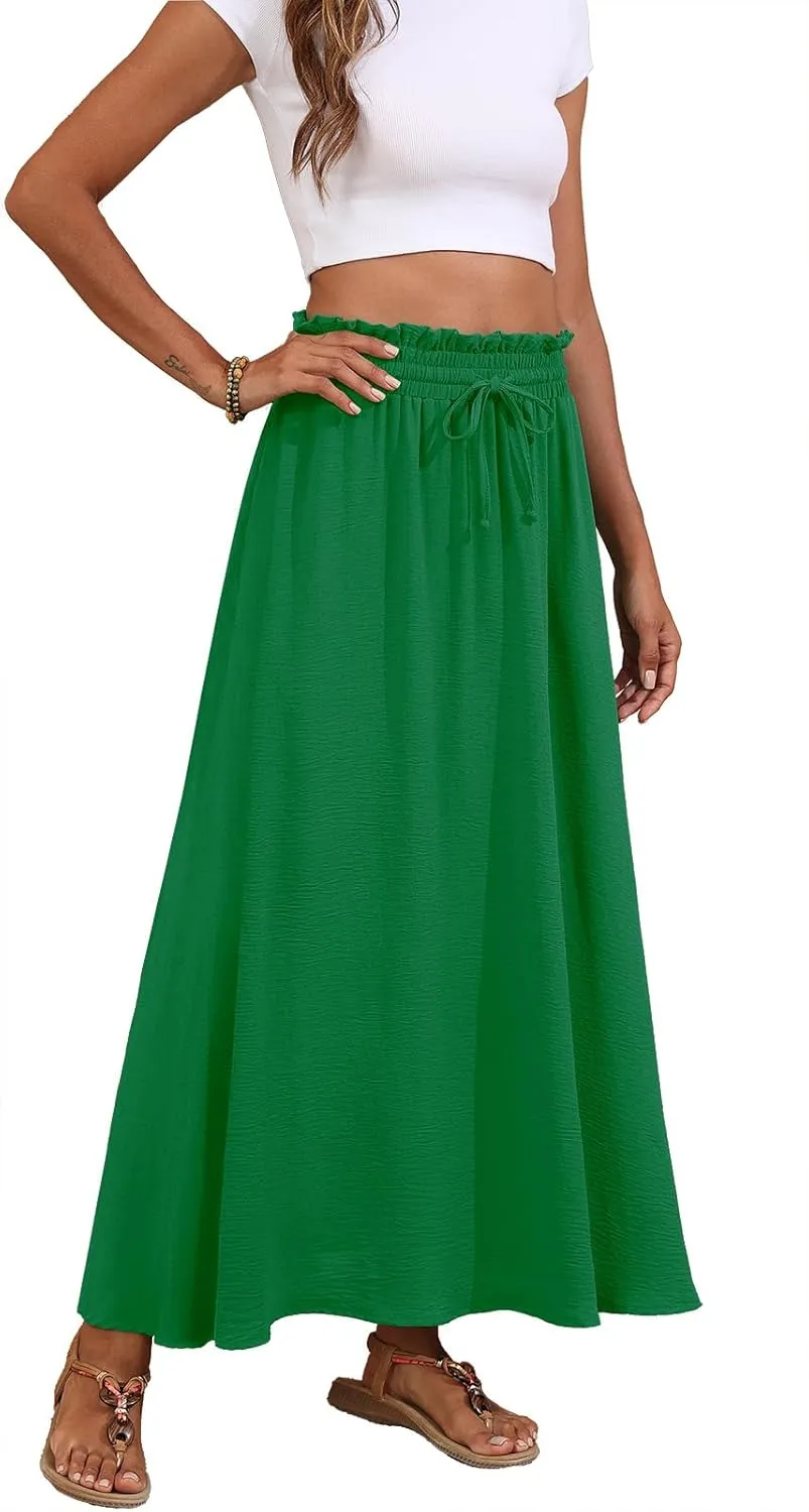 Askyes Womens Maxi Skirt Summer Tie Knot Elastic High Waisted Boho Casual Beach Flowy Swing Long Skirts with Pockets