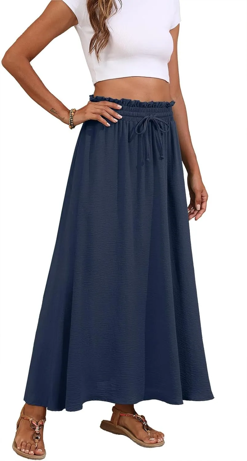 Askyes Womens Maxi Skirt Summer Tie Knot Elastic High Waisted Boho Casual Beach Flowy Swing Long Skirts with Pockets