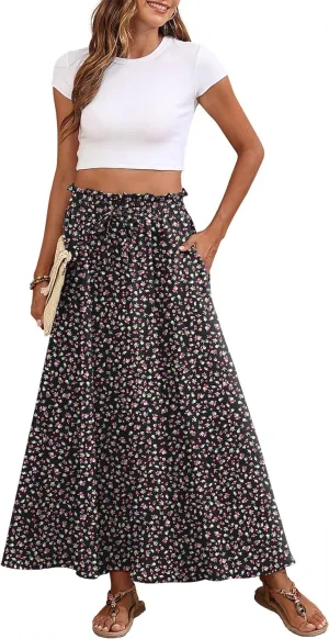 Askyes Womens Maxi Skirt Summer Tie Knot Elastic High Waisted Boho Casual Beach Flowy Swing Long Skirts with Pockets