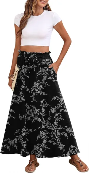 Askyes Womens Maxi Skirt Summer Tie Knot Elastic High Waisted Boho Casual Beach Flowy Swing Long Skirts with Pockets