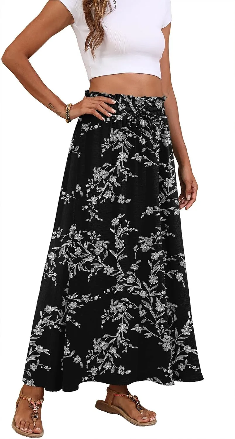 Askyes Womens Maxi Skirt Summer Tie Knot Elastic High Waisted Boho Casual Beach Flowy Swing Long Skirts with Pockets