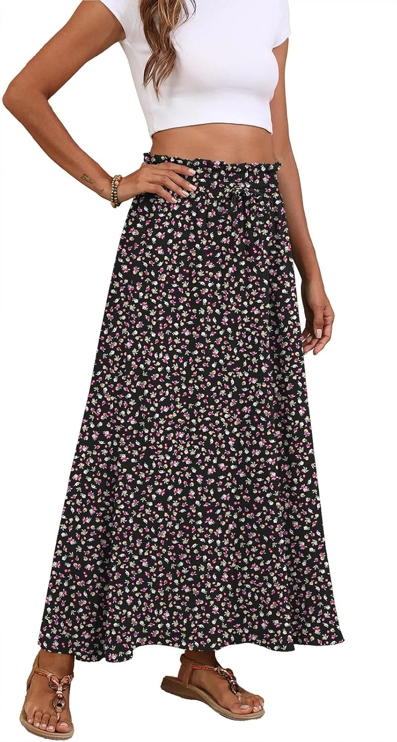 Askyes Womens Maxi Skirt Summer Tie Knot Elastic High Waisted Boho Casual Beach Flowy Swing Long Skirts with Pockets