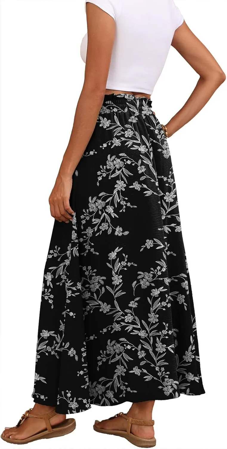 Askyes Womens Maxi Skirt Summer Tie Knot Elastic High Waisted Boho Casual Beach Flowy Swing Long Skirts with Pockets