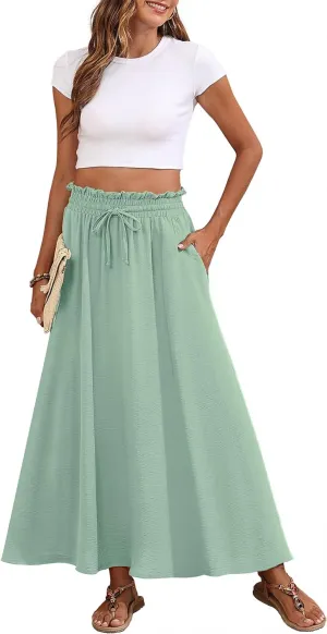 Askyes Womens Maxi Skirt Summer Tie Knot Elastic High Waisted Boho Casual Beach Flowy Swing Long Skirts with Pockets