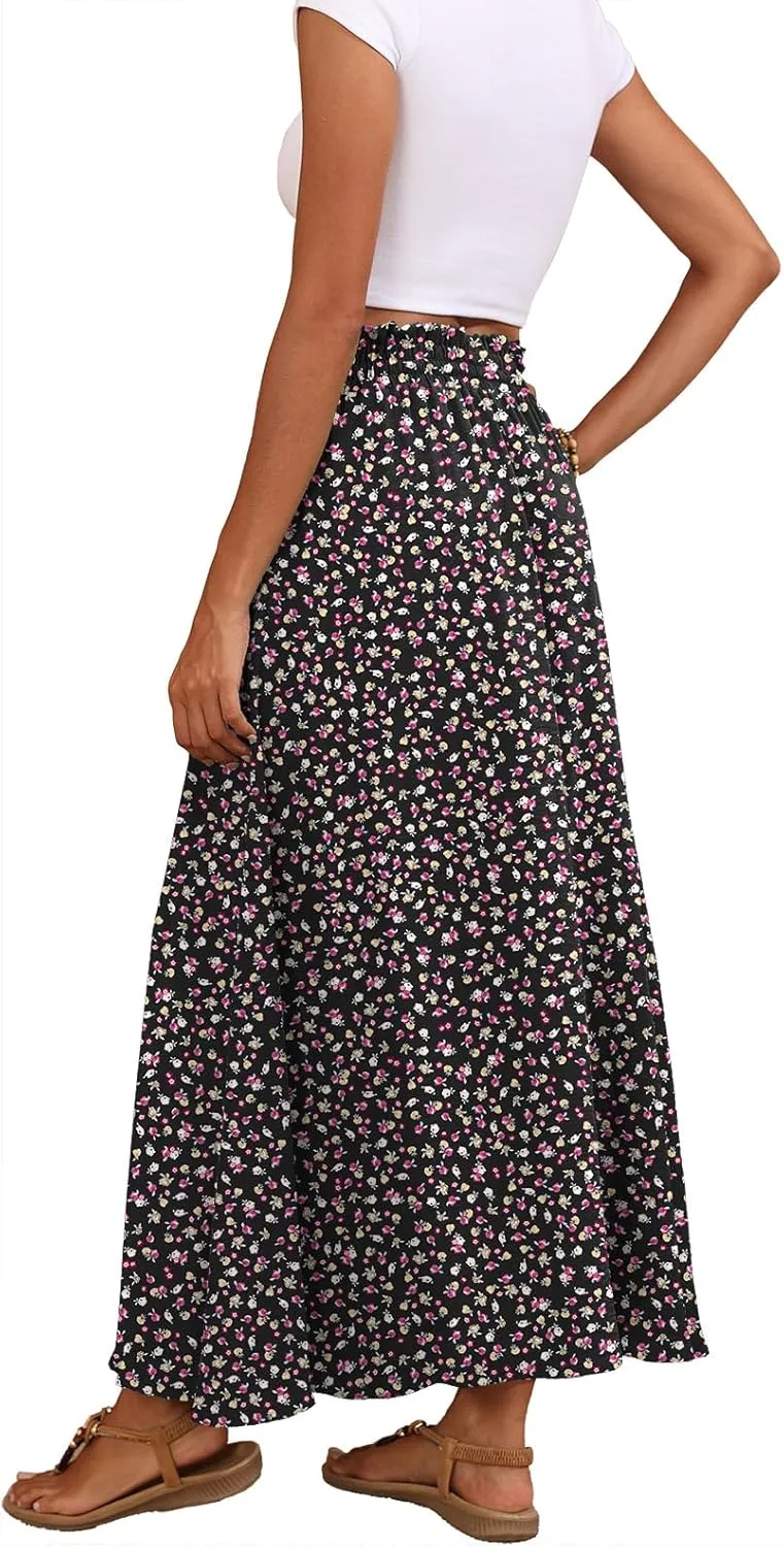 Askyes Womens Maxi Skirt Summer Tie Knot Elastic High Waisted Boho Casual Beach Flowy Swing Long Skirts with Pockets