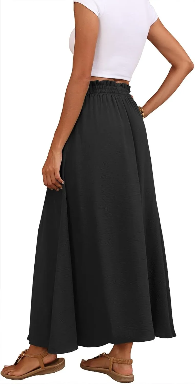 Askyes Womens Maxi Skirt Summer Tie Knot Elastic High Waisted Boho Casual Beach Flowy Swing Long Skirts with Pockets