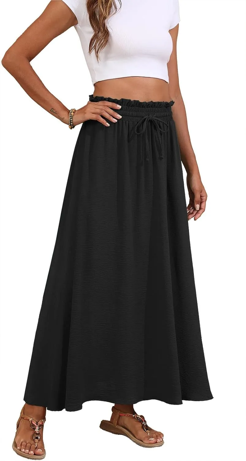 Askyes Womens Maxi Skirt Summer Tie Knot Elastic High Waisted Boho Casual Beach Flowy Swing Long Skirts with Pockets