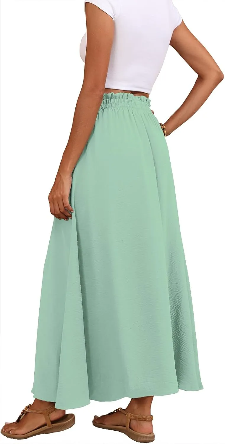 Askyes Womens Maxi Skirt Summer Tie Knot Elastic High Waisted Boho Casual Beach Flowy Swing Long Skirts with Pockets