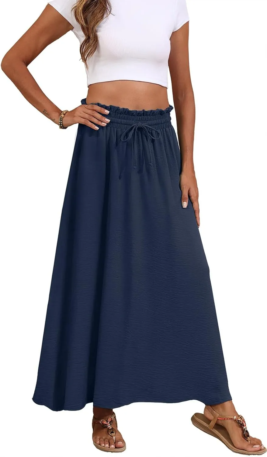 Askyes Womens Maxi Skirt Summer Tie Knot Elastic High Waisted Boho Casual Beach Flowy Swing Long Skirts with Pockets