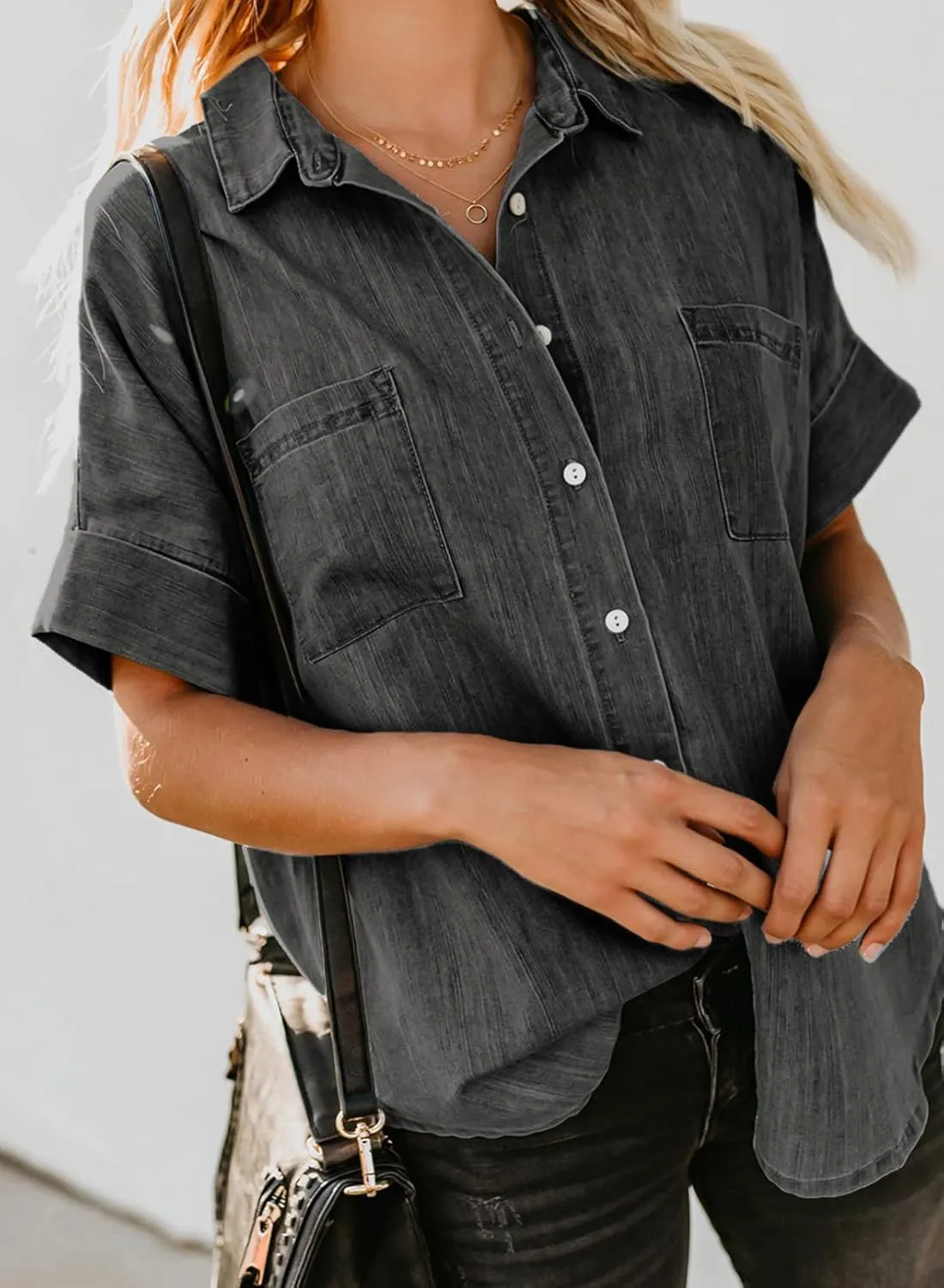 Astylish Womens Button Down Shirts V Neck Loose Casual Shirt