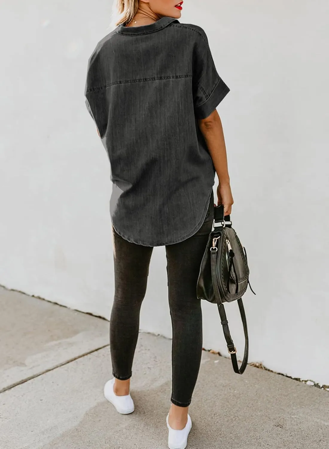Astylish Womens Button Down Shirts V Neck Loose Casual Shirt
