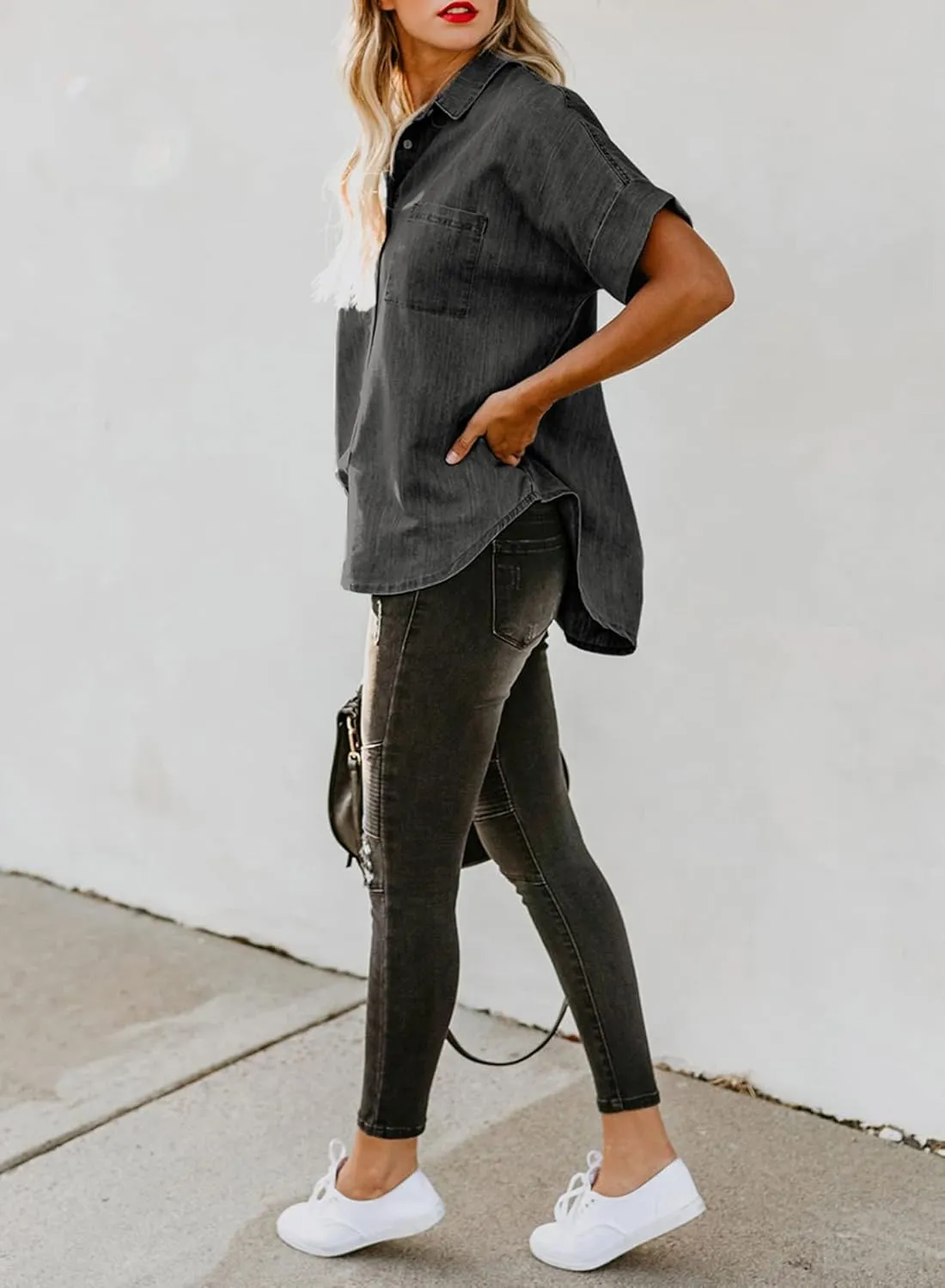 Astylish Womens Button Down Shirts V Neck Loose Casual Shirt