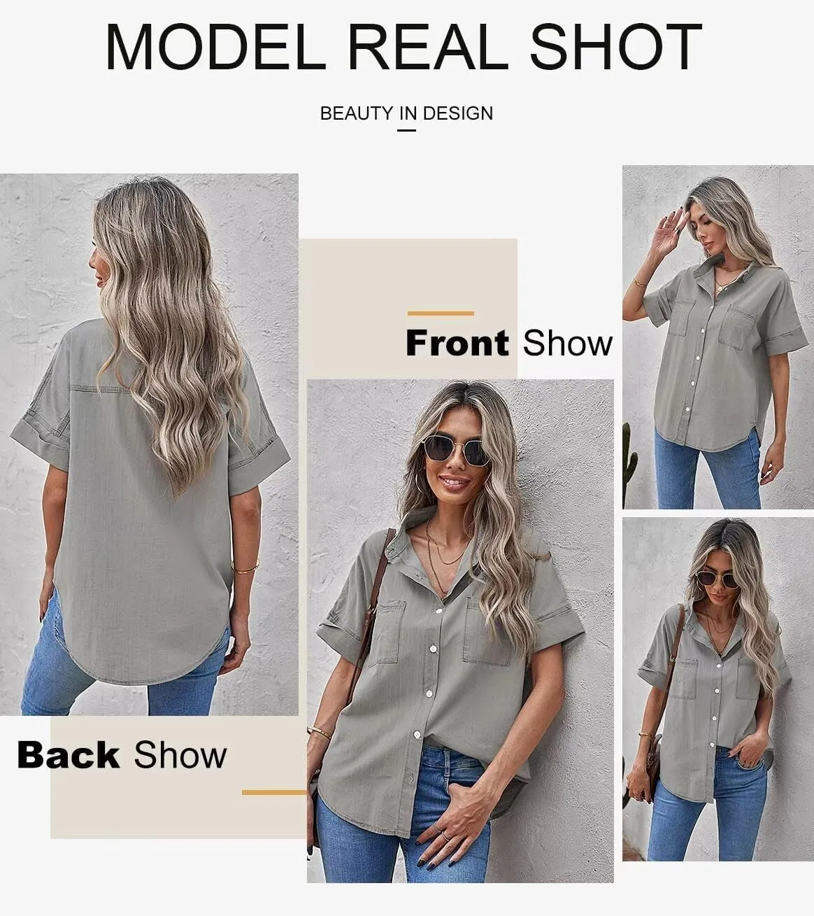 Astylish Womens Button Down Shirts V Neck Loose Casual Shirt