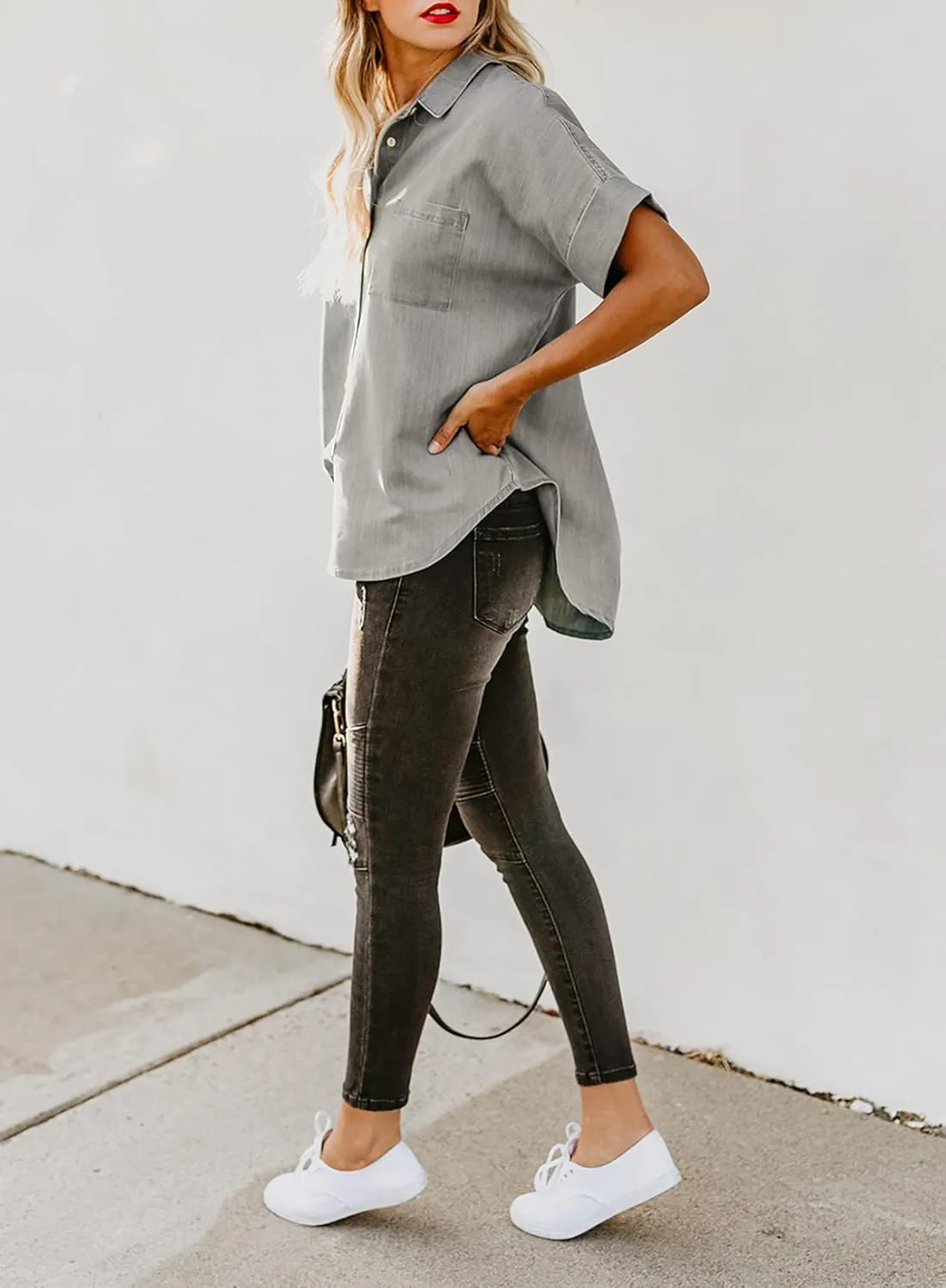 Astylish Womens Button Down Shirts V Neck Loose Casual Shirt