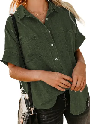 Astylish Womens Button Down Shirts V Neck Loose Casual Shirt