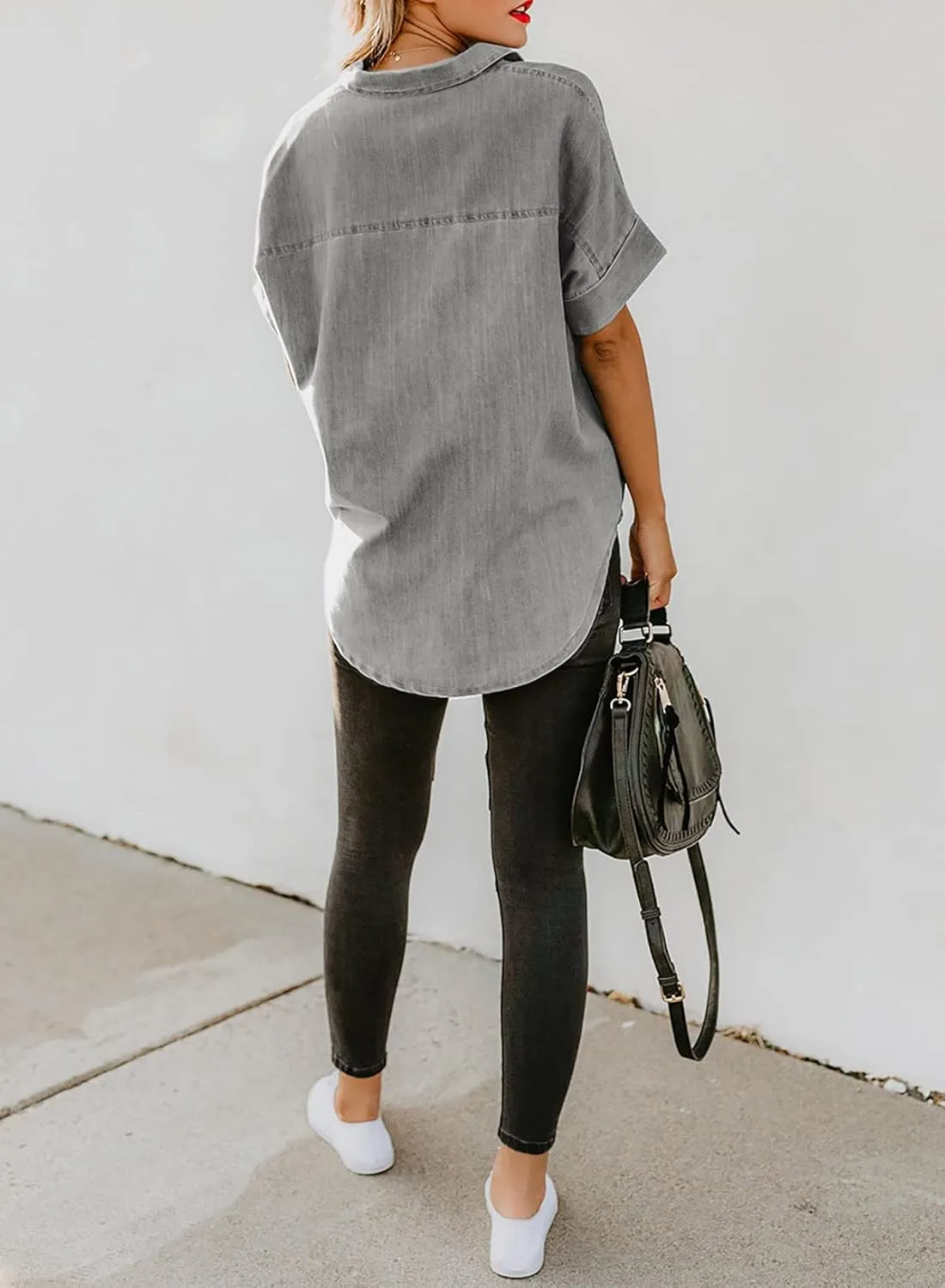 Astylish Womens Button Down Shirts V Neck Loose Casual Shirt