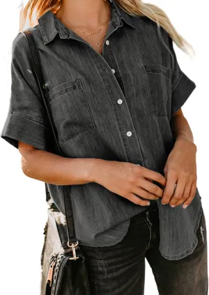 Astylish Womens Button Down Shirts V Neck Loose Casual Shirt