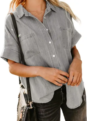 Astylish Womens Button Down Shirts V Neck Loose Casual Shirt