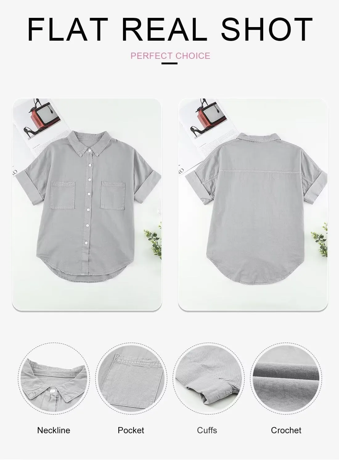 Astylish Womens Button Down Shirts V Neck Loose Casual Shirt