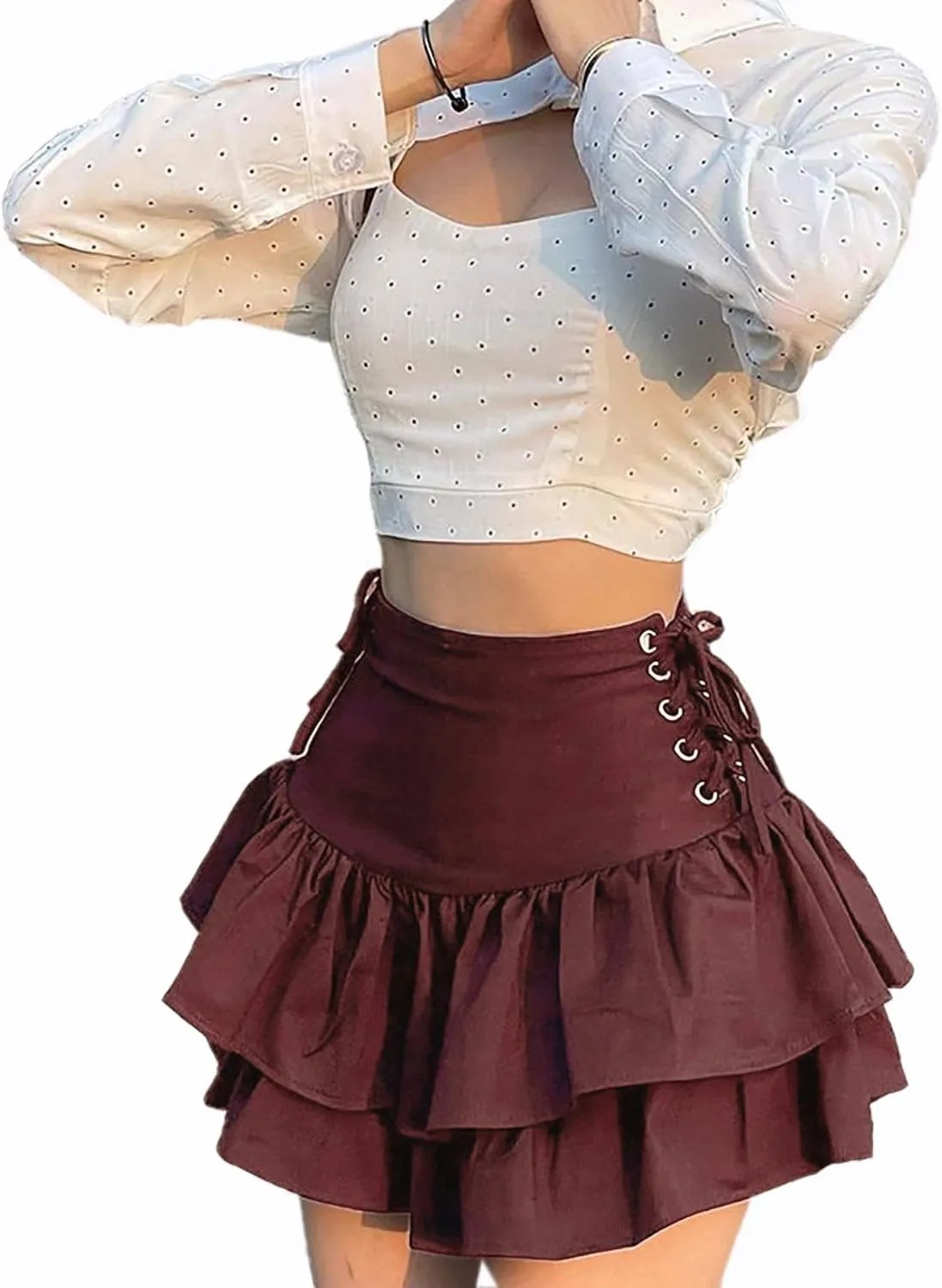 AULKEEP Womens Lace Up Skirts Goth Ruffle Mini Skirt Y2k Black High Waist Skirt Summer Punk Short Skirts