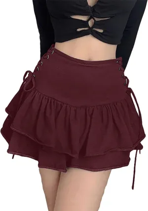 AULKEEP Womens Lace Up Skirts Goth Ruffle Mini Skirt Y2k Black High Waist Skirt Summer Punk Short Skirts