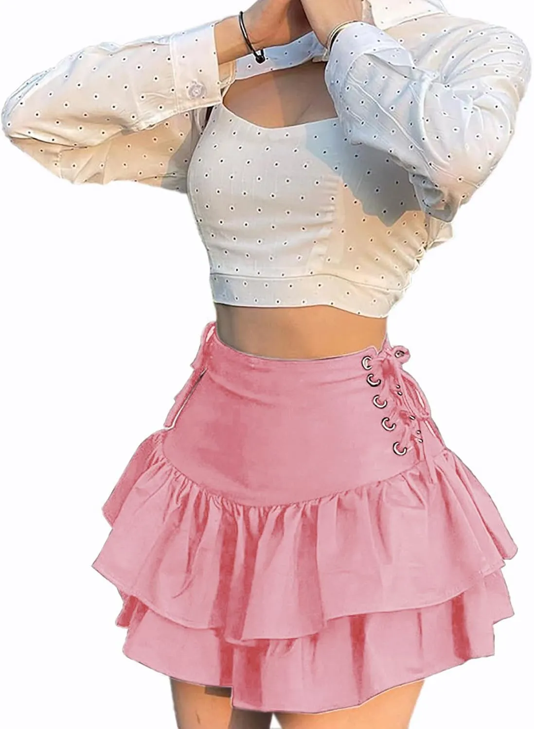 AULKEEP Womens Lace Up Skirts Goth Ruffle Mini Skirt Y2k Black High Waist Skirt Summer Punk Short Skirts