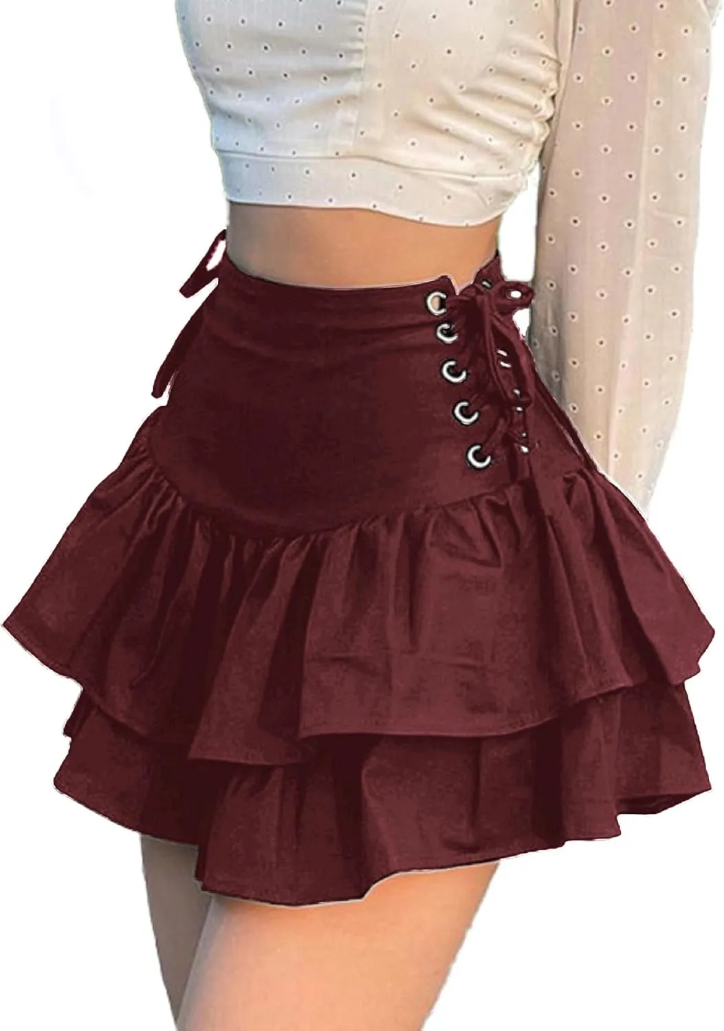 AULKEEP Womens Lace Up Skirts Goth Ruffle Mini Skirt Y2k Black High Waist Skirt Summer Punk Short Skirts