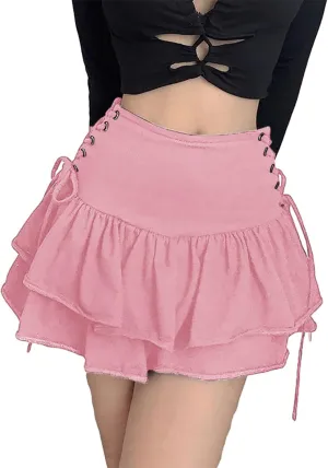 AULKEEP Womens Lace Up Skirts Goth Ruffle Mini Skirt Y2k Black High Waist Skirt Summer Punk Short Skirts