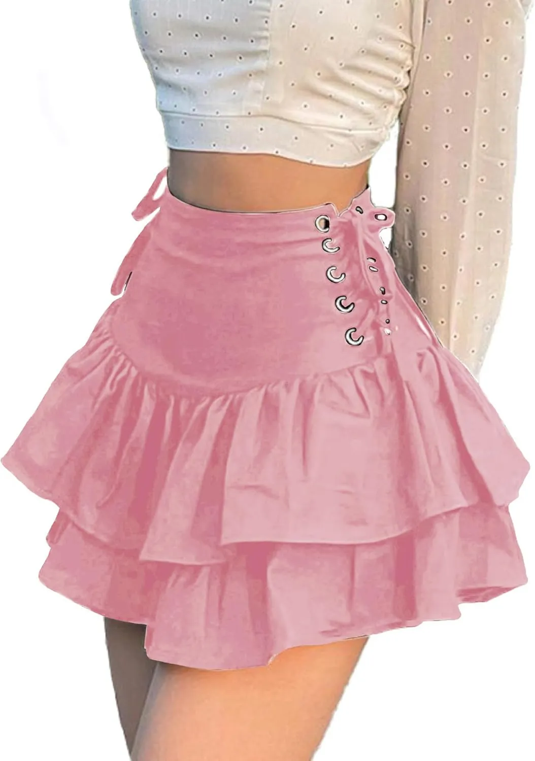 AULKEEP Womens Lace Up Skirts Goth Ruffle Mini Skirt Y2k Black High Waist Skirt Summer Punk Short Skirts