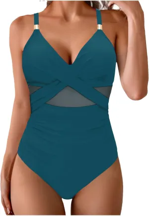 Bathing Suits for Women Tummy Control One Piece Swimsuits Criss Cross Mesh Modest Swimwear Push Up Swim Suits 2025