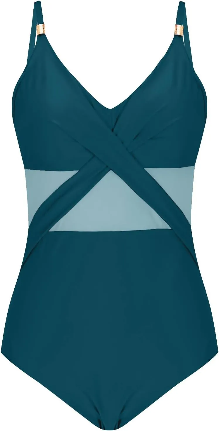 Bathing Suits for Women Tummy Control One Piece Swimsuits Criss Cross Mesh Modest Swimwear Push Up Swim Suits 2025