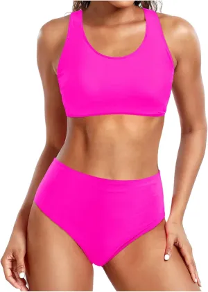 Bikini Sets for Women High Waisted Bathing Suit Two Piece Tankini Swimsuit Sports Crop Top Scoop Neck Bathing Suits