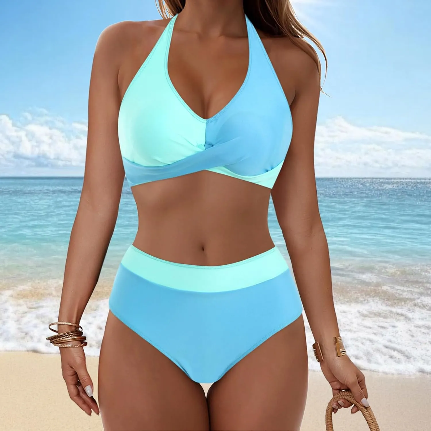 Bikini Sets for Women Two Piece Push Up Halter Bathing Suits Sexy Front Cross Vintage Mid Rise Swimsuits