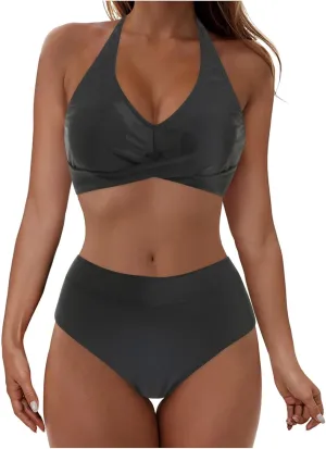 Bikini Sets for Women Two Piece Push Up Halter Bathing Suits Sexy Front Cross Vintage Mid Rise Swimsuits