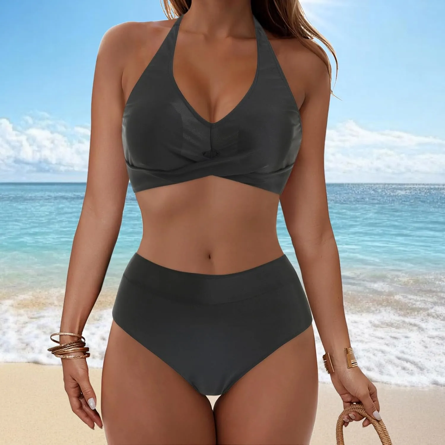 Bikini Sets for Women Two Piece Push Up Halter Bathing Suits Sexy Front Cross Vintage Mid Rise Swimsuits
