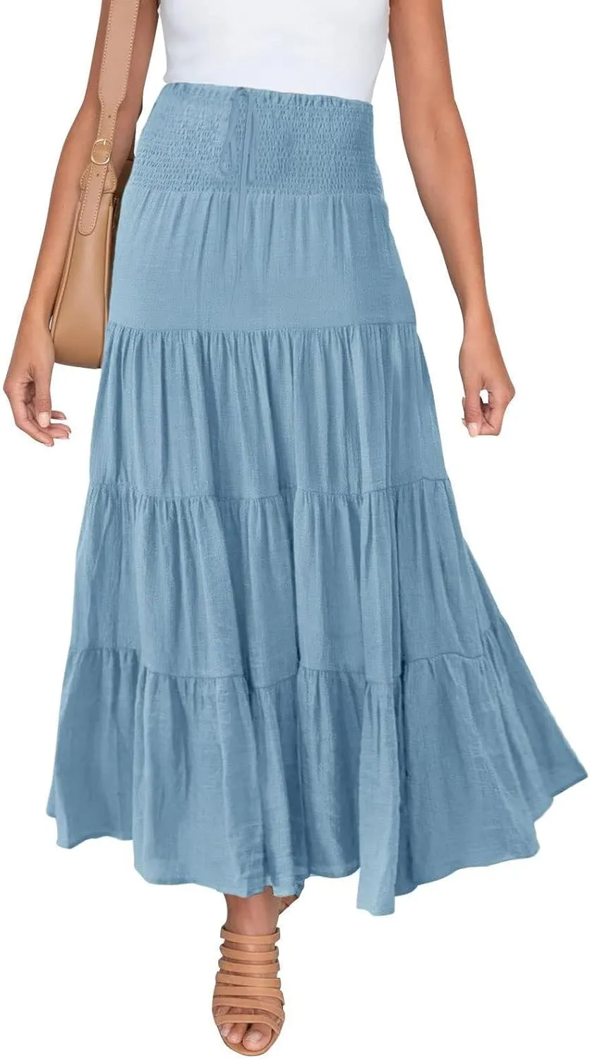 Boho Maxi Skirts for Women 2025 Summer Elastic High Waisted Solid Color Swing A-Line Ruffle Long Skirt
