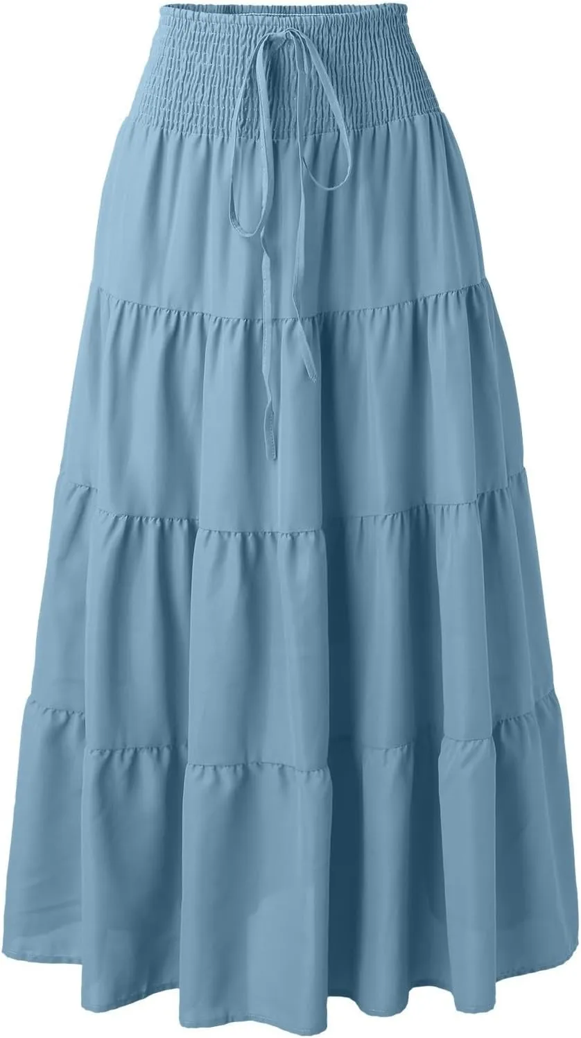 Boho Maxi Skirts for Women 2025 Summer Elastic High Waisted Solid Color Swing A-Line Ruffle Long Skirt
