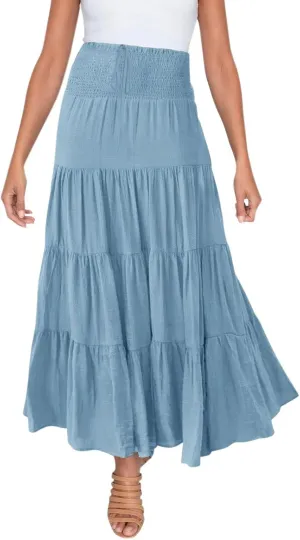 Boho Maxi Skirts for Women 2025 Summer Elastic High Waisted Solid Color Swing A-Line Ruffle Long Skirt