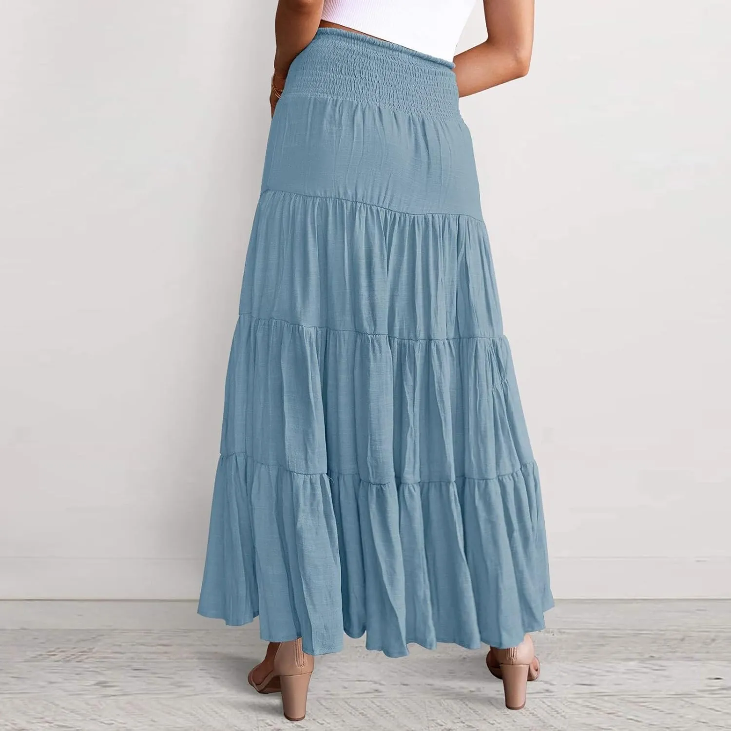 Boho Maxi Skirts for Women 2025 Summer Elastic High Waisted Solid Color Swing A-Line Ruffle Long Skirt