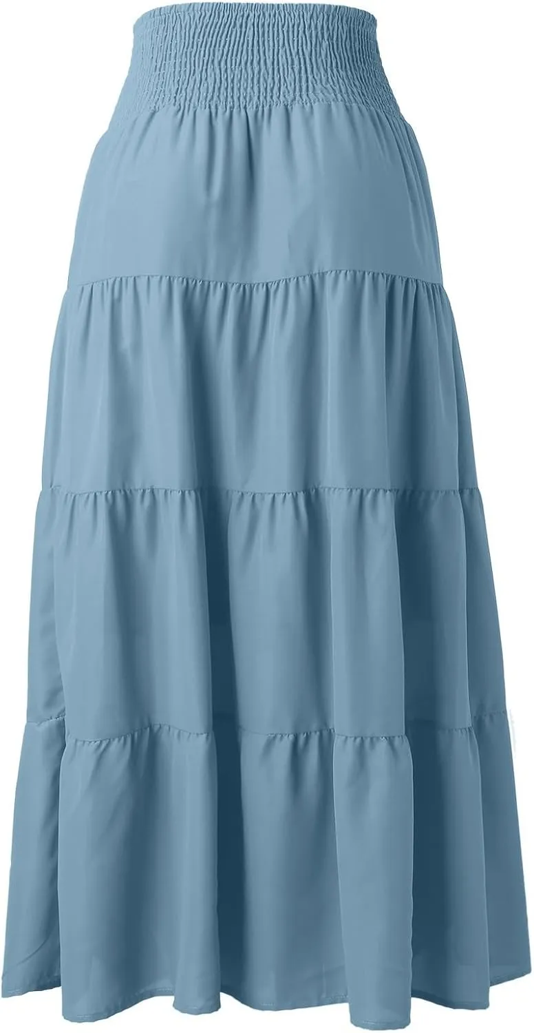 Boho Maxi Skirts for Women 2025 Summer Elastic High Waisted Solid Color Swing A-Line Ruffle Long Skirt