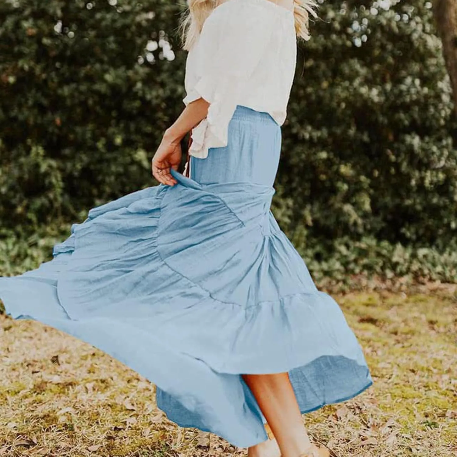 Boho Maxi Skirts for Women 2025 Summer Elastic High Waisted Solid Color Swing A-Line Ruffle Long Skirt
