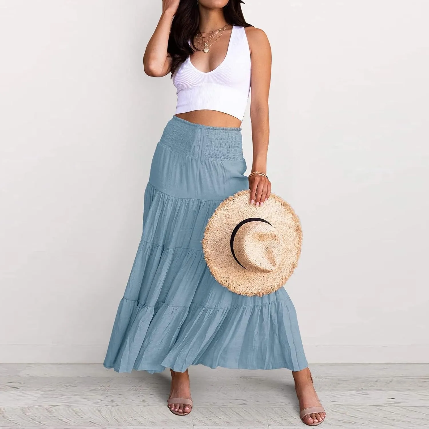 Boho Maxi Skirts for Women 2025 Summer Elastic High Waisted Solid Color Swing A-Line Ruffle Long Skirt