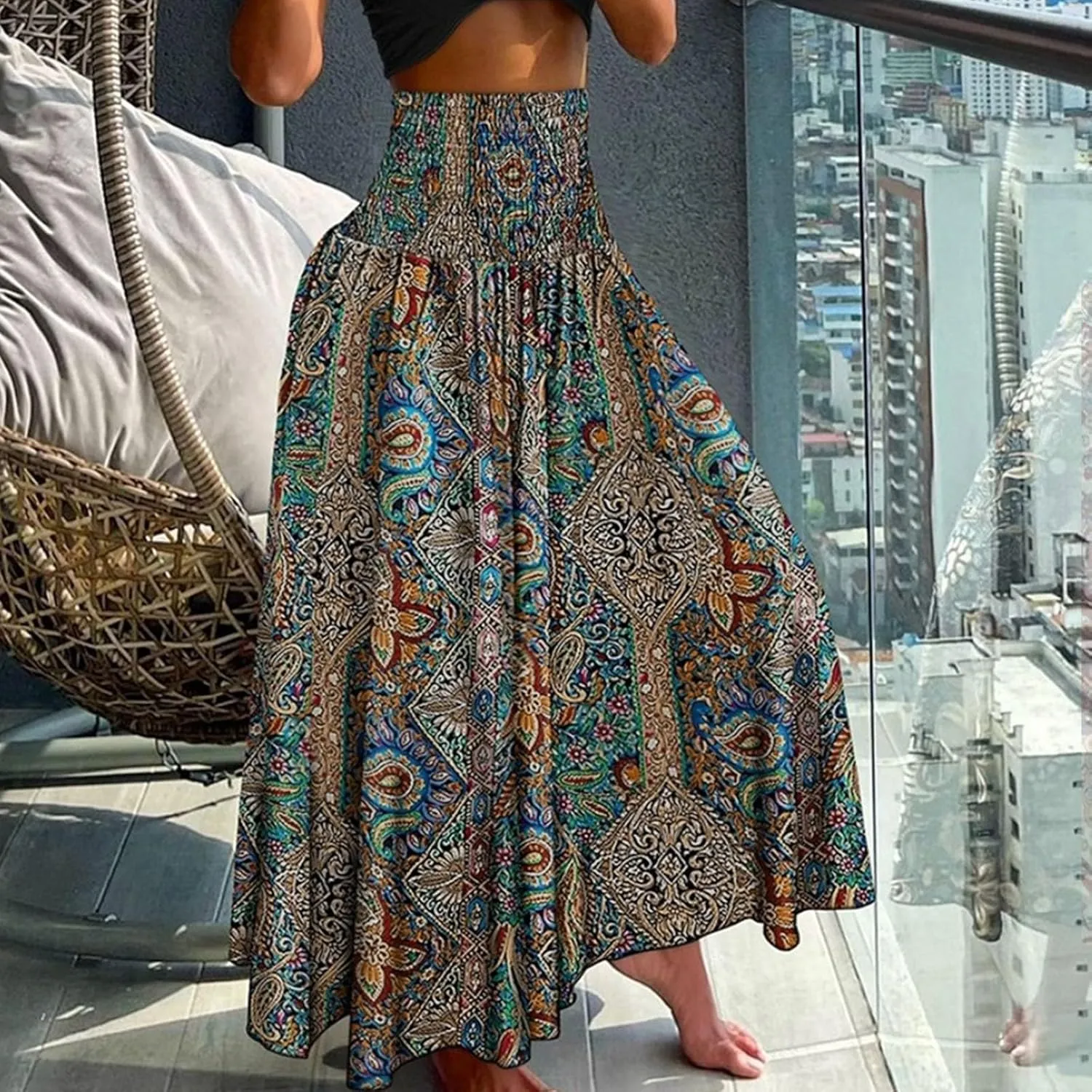 Boho Maxi Skirts for Women 2025 Summer Elegant High Waisted Flowy Swing A-Line Floral Long Skirt