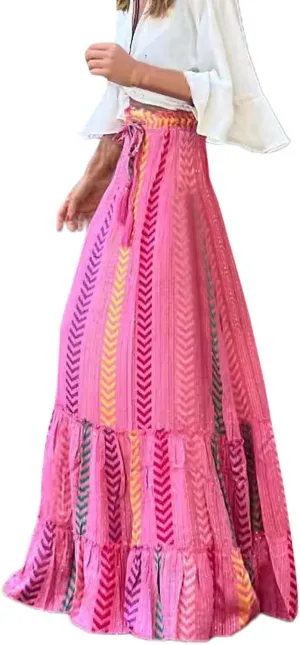 Boho Maxi Skirts for Women 2025 Summer Vacation Drawstring High Waisted Ruffle Long Skirt