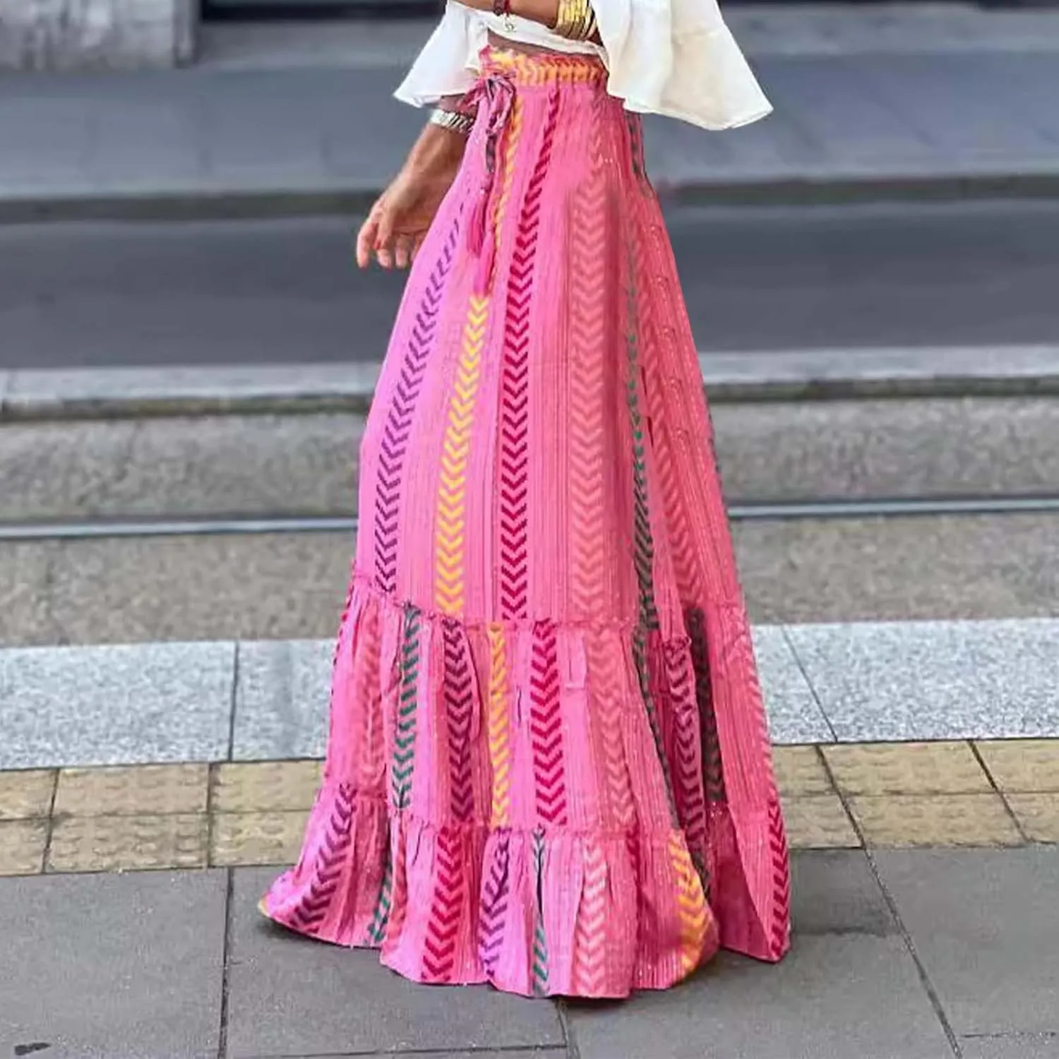 Boho Maxi Skirts for Women 2025 Summer Vacation Drawstring High Waisted Ruffle Long Skirt