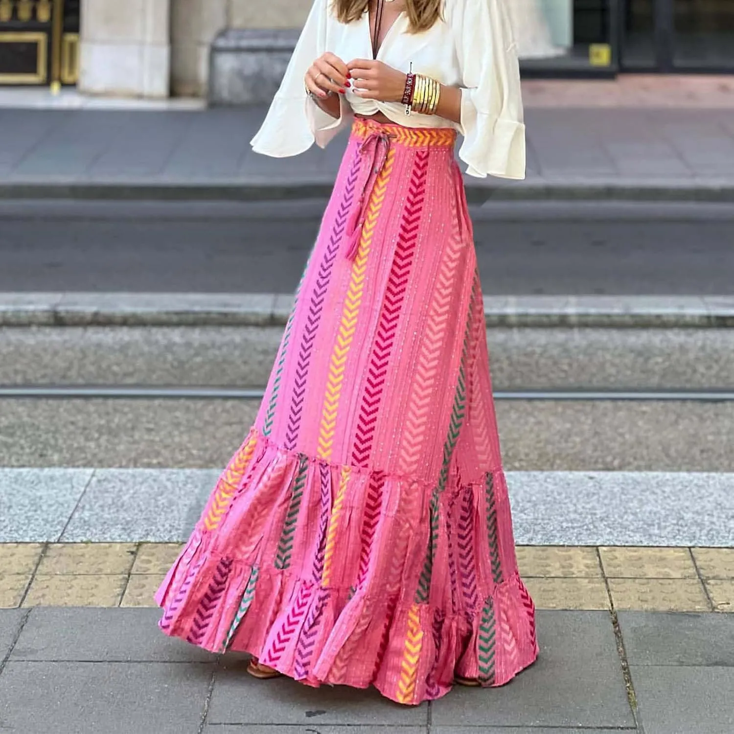 Boho Maxi Skirts for Women 2025 Summer Vacation Drawstring High Waisted Ruffle Long Skirt