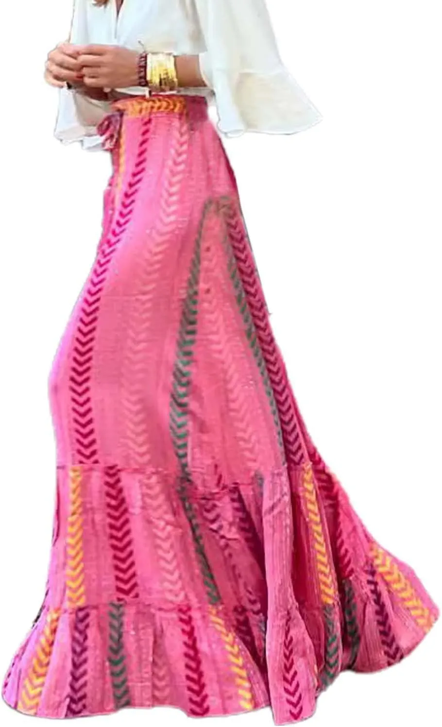 Boho Maxi Skirts for Women 2025 Summer Vacation Drawstring High Waisted Ruffle Long Skirt