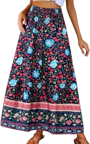 Boho Maxi Skirts for Women Summer Elastic Waisted Flowy Swing A-Line Floral Printed Long Skirt