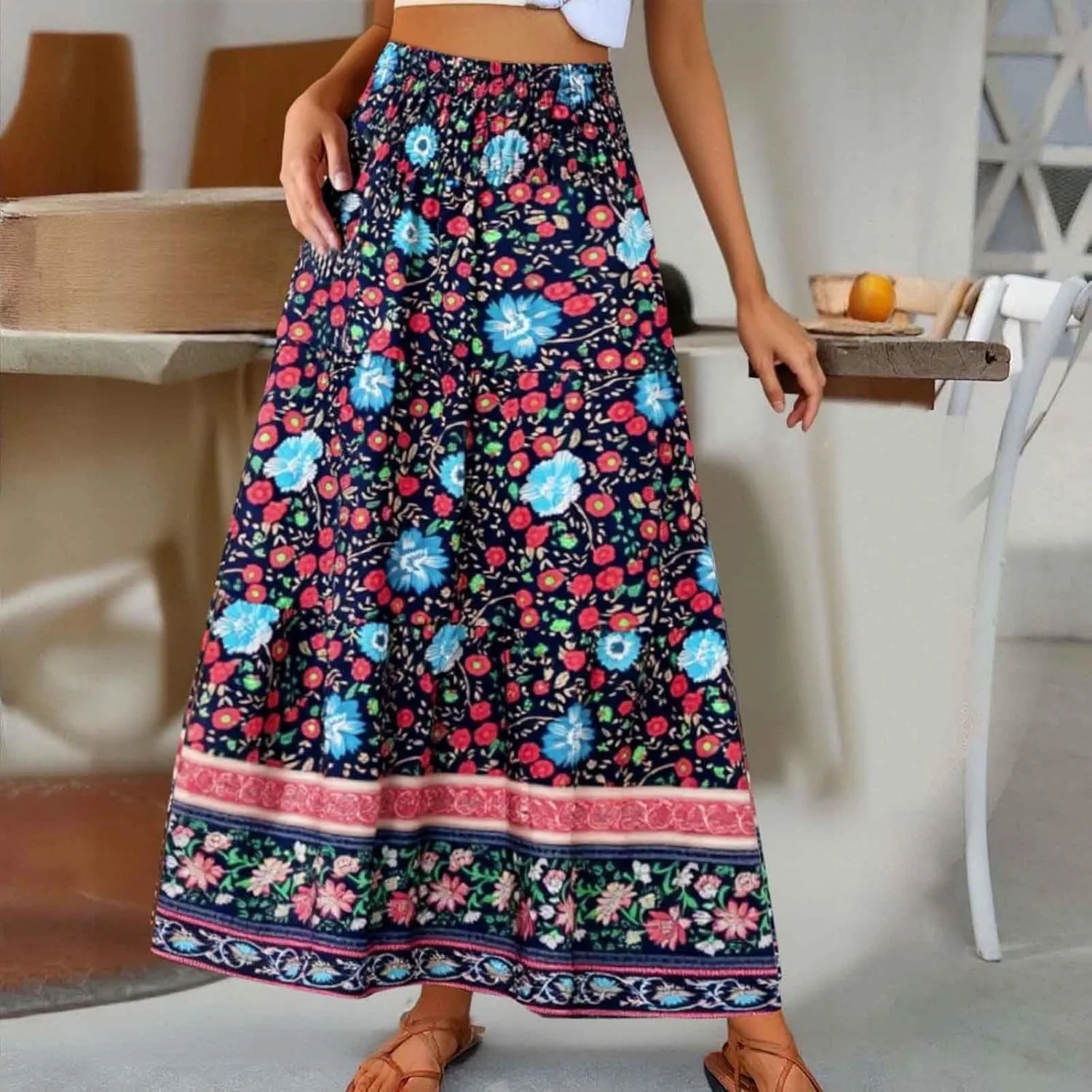 Boho Maxi Skirts for Women Summer Elastic Waisted Flowy Swing A-Line Floral Printed Long Skirt